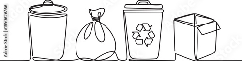Set of garbage one line continuous drawing. Rubbish, trash can, garbage bag, recycle bin, carton box. black icon drawing vector