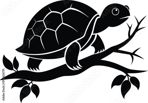 A black and white silhouette illustration of a cute turtle climbing on a tree branch with leaves