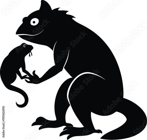 A minimalist black and white vector illustration of a large lizard holding a smaller lizard figure
