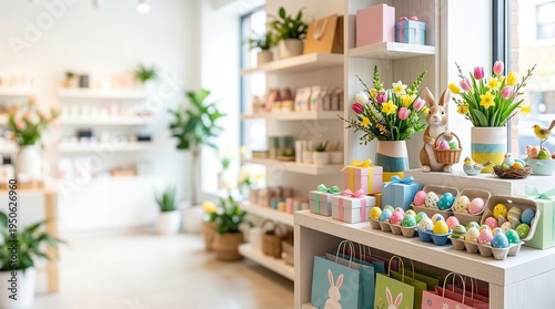 Easter shop interior with colorful eggs bunnies and tulips on shelves. Pastel decorations baskets and gifts for spring holiday celebration. Cozy retail display of seasonal floral arrangements and