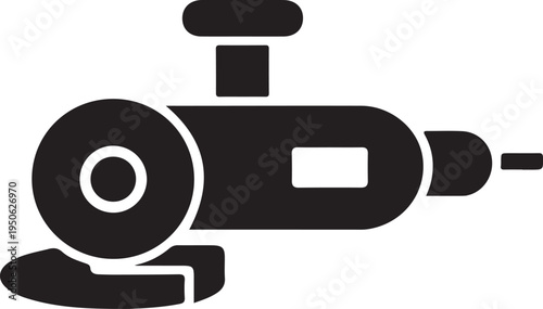 A black and white illustration of an angle grinder tool in use