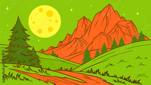 Bright vector illustration of mountains, green valley hills, pine trees, and a full moon. Ideal for nature scenery, outdoor adventure, hiking themes, travel posters, and landscape backgrounds.
