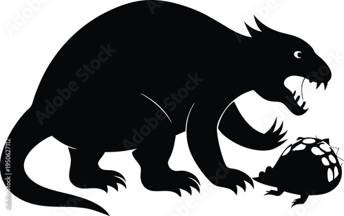 A minimalist black silhouette illustration of a large predatory dinosaur attacking a small prey