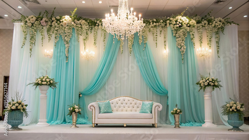 Elegant Wedding Reception Decor with White Sofa and Turquoise Accents