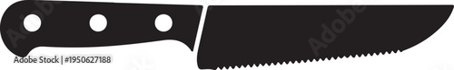 A chef's knife with a serrated edge shown in a sleek black and white illustration.