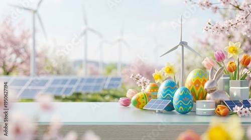 Colorful easter eggs tulips daffodils and bunny on table with wind turbines solar panels and cherry blossoms background. Sustainable easter spring renewal concept with renewable energy