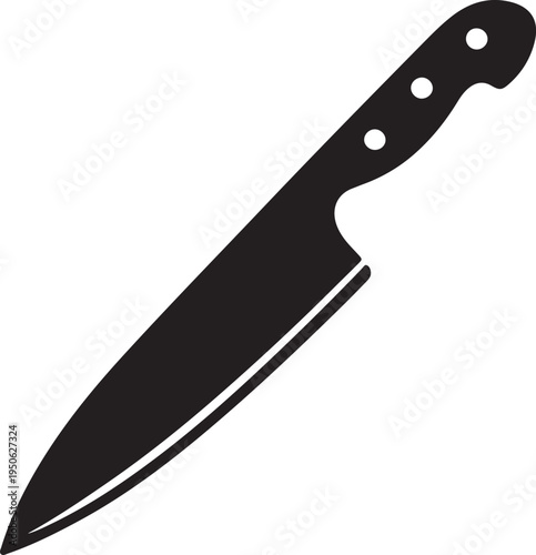 A sleek black chef's knife with a rubberized handle and sharp blade silhouette.