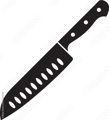 A sleek black and white serrated edge chef's knife with ergonomic handle design