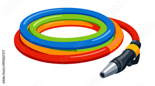 Colorful coiled garden hose with a spray nozzle, a versatile tool for watering plants and outdoor cleaning chores