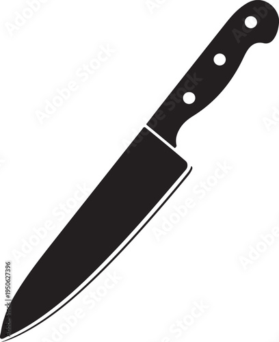 A sleek black-handled chef's knife with a sharp blade against a plain background.