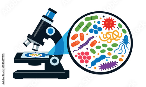 Microscope revealing diverse microscopic organisms like bacteria, viruses, and pathogens, representing microbiology research and health