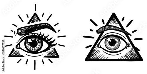 All Seeing Eye of Providence vector set Hand drawn sketch of masonic illuminati spiritual symbol in engraving style