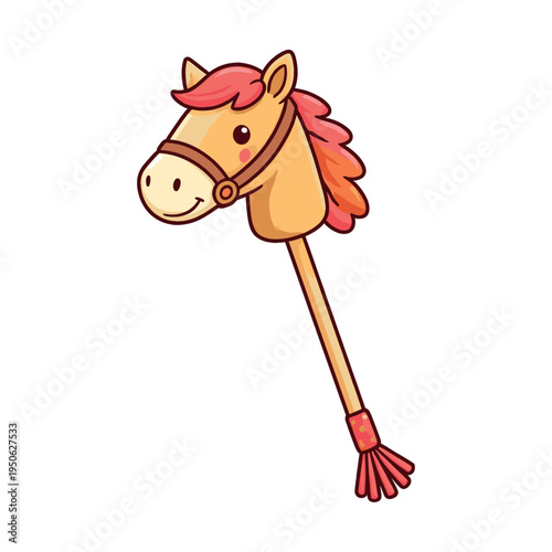 Cheerful stick horse toy, highlighting childhood, play, imagination, ride, and equestrian themes for kids