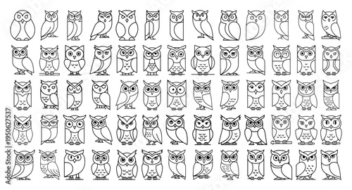 Outline Owl Icons Set — Line Art Vector Collection of Stylized Owls