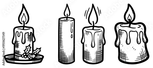 Hand Drawn Dripping Candles Set Line Art Vintage Vector