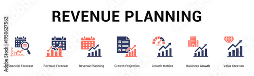 Revenue Planning  Modern and clean web banner illustration vector featuring thematic icons