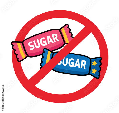 Sugary candy treats inside a red universal prohibition symbol. Reflecting no sugar, diabetes, and diet concepts