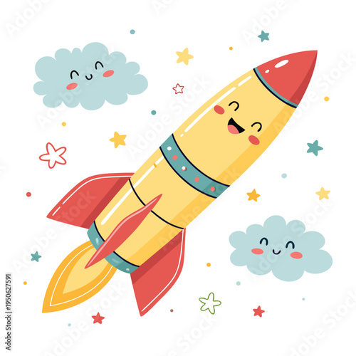 Cartoon Rockets Flying With Stars And Fireworks Vector Illustration Background