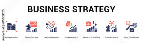 Business Strategy  Modern and clean web banner illustration vector featuring thematic icons