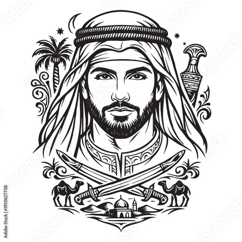 Monochrome vector illustration of a Middle Eastern man in traditional keffiyeh and agal, surrounded by desert elements like palm trees, camels, and crossed swords