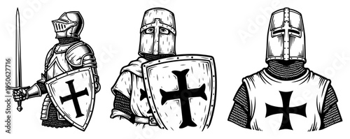 Medieval knight crusader vector illustration set Hand drawn sketch of warrior in armor with sword and shield