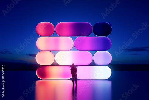 3D rounded glass block matrix with human silhouette and glow