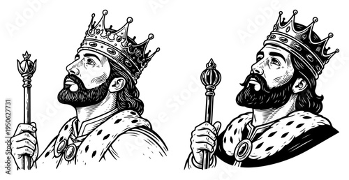 King portrait vector illustration set Hand drawn sketch of medieval monarch with crown and scepter