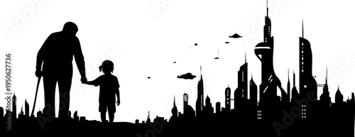 Grandfather and child silhouette, futuristic sci-fi city skyline vector