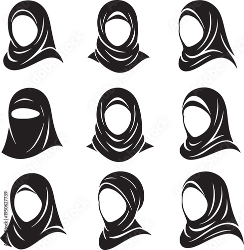 Set of 9 black silhouette vector icons featuring various styles of hijab and niqab head coverings for Muslim women, ideal for cultural, fashion, or diversity-themed designs.