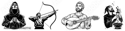 Medieval Characters Set Monk Archer Bard Alchemist Line Art Vector