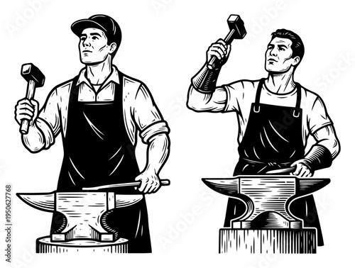 Blacksmiths at Anvil Hammering Metal Forge Line Art Vintage Vector