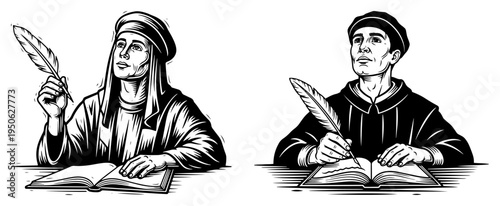 Medieval Scribes Writing with Quills Monastic Scholars Line Art Vector