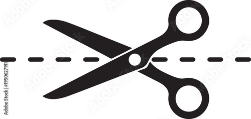 A pair of scissors positioned above a dashed line, symbolizing cutting or separation.