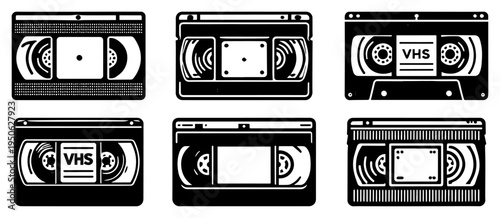 Vintage VHS video cassette vector icon set Retro 80s and 90s analogue media silhouette collection