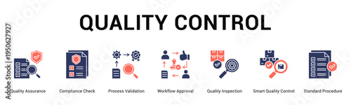 Quality Control  Modern and clean web banner illustration vector featuring thematic icons