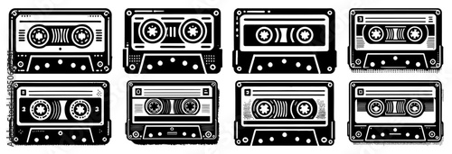 Retro audio cassette tape vector icon set Vintage 80s and 90s music mixtape silhouette collection