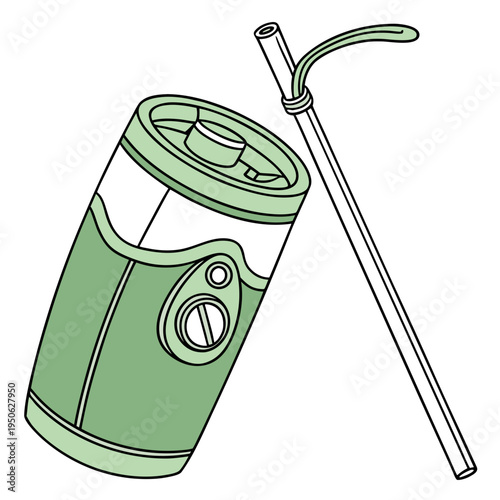 Green reusable cup with metal straw eco-friendly sustainable cartoon