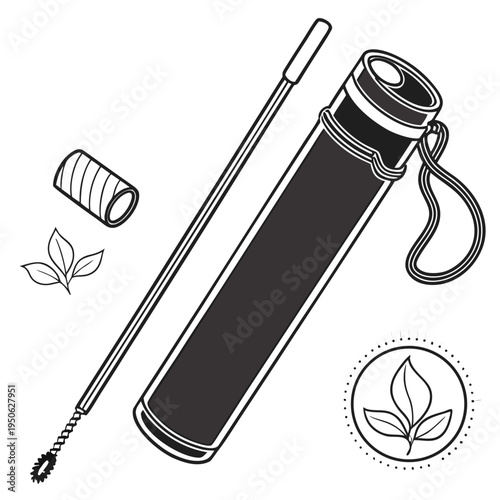 Black reusable cup with cleaning brush eco-friendly sustainable cartoon