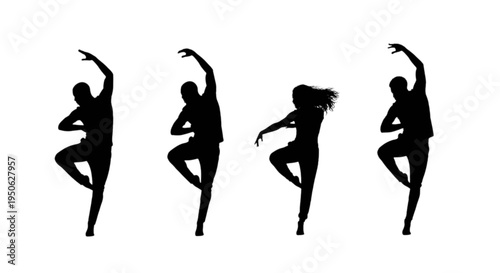 Graceful silhouettes of dancers in dynamic ballet poses isolated on transparent background, Vector