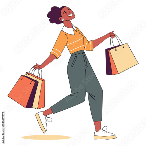 Cartoon woman with shopping bags on white background smiling