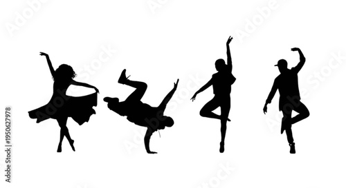 Four dynamic dance silhouettes in various poses isolated on transparent background, Vector