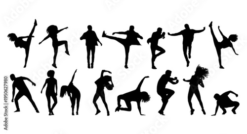 Diverse silhouettes of humans and animals in dynamic poses isolated on transparent background, Vector