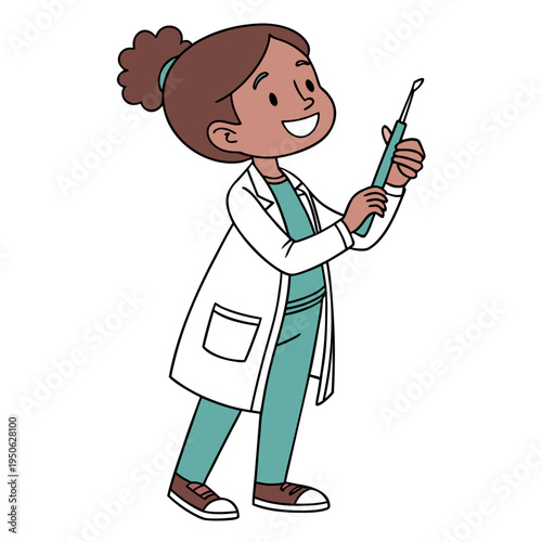 Cartoon dentist holding an electric toothbrush on a white background woman brown hair