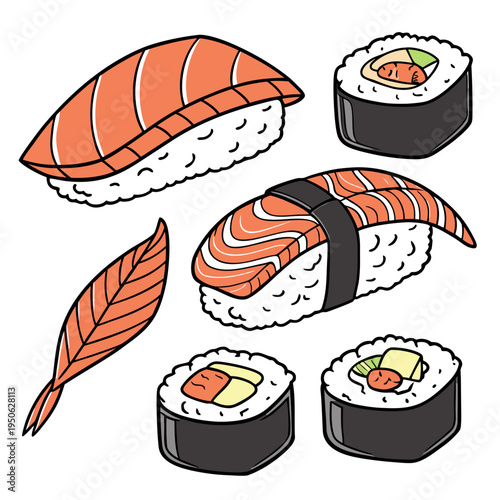 Various types of sushi on white background salmon sushi maki rolls nigiri sashimi