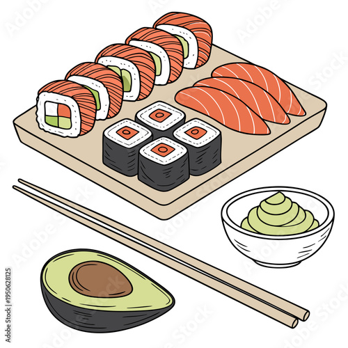 Sushi platter with avocado and wasabi on white background chopsticks