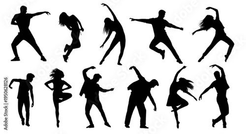 Dynamic silhouettes of dancers in various graceful and energetic poses isolated on transparent background, Vector
