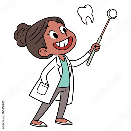 Cartoon dentist holding a dental mirror on a white background woman brown hair