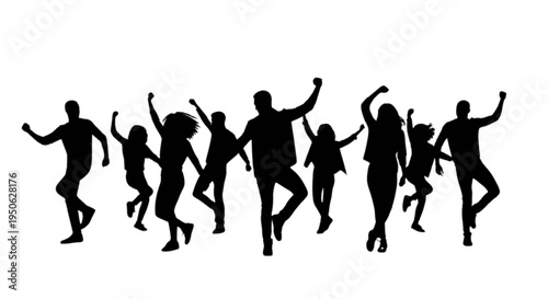 Diverse group of people joyfully dancing together in silhouette isolated on transparent background, Vector