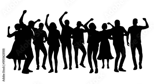Group of people celebrating with arms raised in a joyful gathering isolated on transparent background, Vector