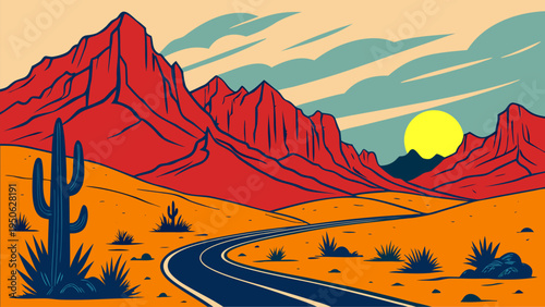 Stylized vector landscape featuring a winding road through desert mountains at sunset with cactus silhouettes. Perfect for travel concepts, road trip themes, adventure design, and scenic posters.